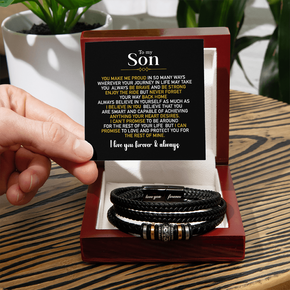 To My Son Bracelet From Mom Dad, Love You Forever Braided Vegan Leather Mens Bracelet | Birthday, Valentines, Graduation Gifts From Parents