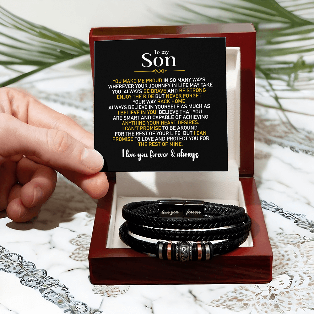 To My Son Bracelet From Mom Dad, Love You Forever Braided Vegan Leather Mens Bracelet | Birthday, Valentines, Graduation Gifts From Parents